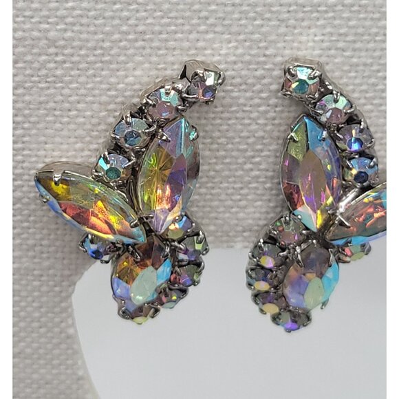 Vintage Aurora Borealis Rhinestone Clip-On Earrings Silver Tone Formal Sparkle - Picture 7 of 9